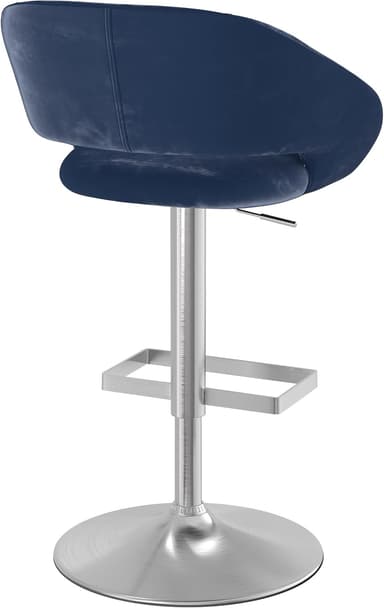 A modern swivel bar stool featuring a bucket-style seat upholstered in dark blue velvet, mounted on a brushed silver metal pedestal base with a circular footrest and a circular floor plate. An adjustment lever is visible beneath the seat. — 3D model
