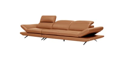 A modern, multi-seat sofa with a modular design. It features adjustable headrests and a chaise lounge component on the right side. The upholstery appears to be a smooth, matte leather, and the frame is supported by sleek, metallic legs. — 3D model