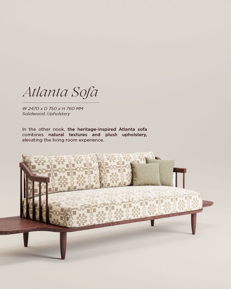 A modern sofa featuring a visible solid wood frame, upholstered cushions, and integrated flat armrests that extend into functional side tables. The backrest incorporates vertical wooden spindles. — 3D model