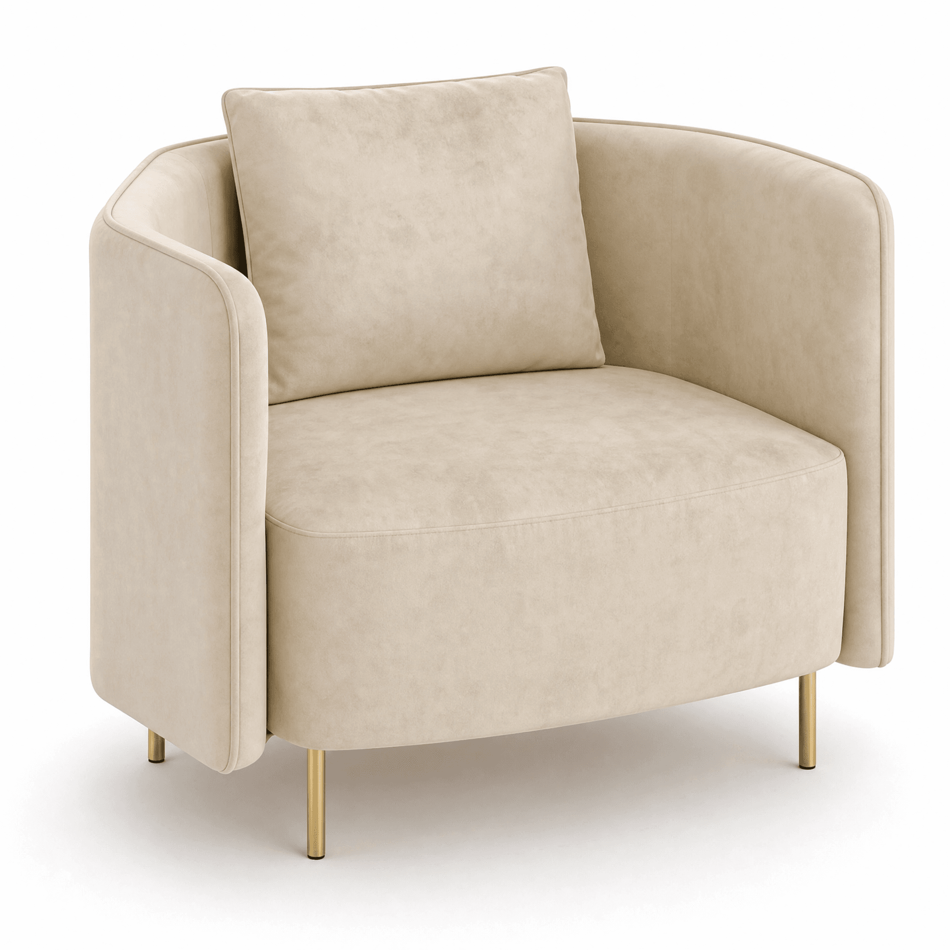 A contemporary single-seater accent chair featuring a rounded barrel-style back and arms, upholstered in a pale beige or cream fabric. The chair includes a loose back cushion and is supported by four slender, tapered brass-finished metal legs. The design emphasizes soft curves and clean lines. — 3D model
