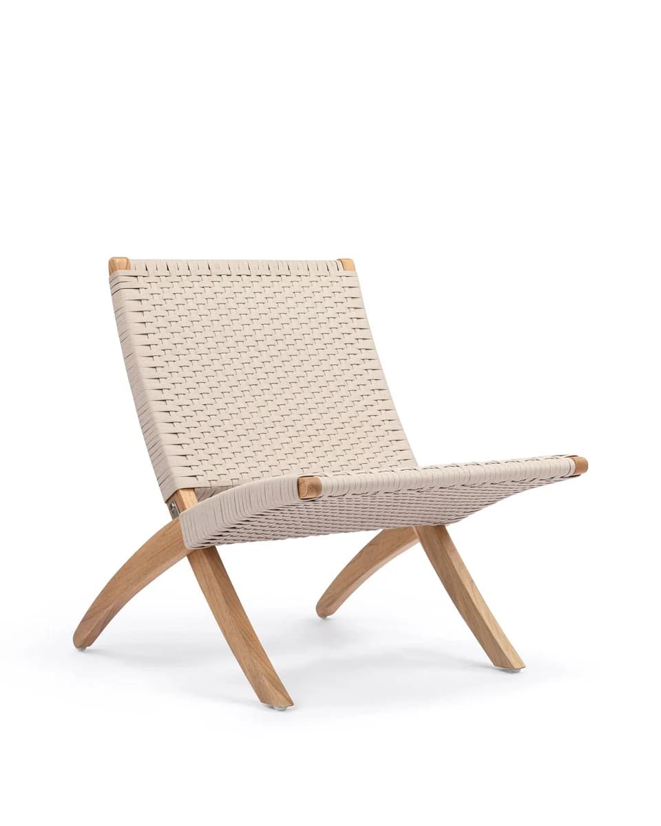 A contemporary low-slung lounge chair featuring a natural wood frame and a light-colored woven strap seat and back. — 3D model