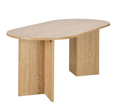 A modern dining table with an oval-shaped top and two solid, rectangular leg supports. The table is constructed from wood and exhibits a natural wood grain pattern. The legs are integrated directly into the tabletop structure, creating a minimalist design. — 3D model
