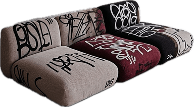 A modular sofa composed of three distinct seating units, upholstered with a textured fabric. The upholstery features a prominent graphic design resembling graffiti in black, white, and red hues, applied across all sections. The sofa has a low profile and blocky construction. — 3D model