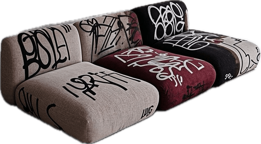 A modular sofa composed of three distinct seating units, upholstered with a textured fabric. The upholstery features a prominent graphic design resembling graffiti in black, white, and red hues, applied across all sections. The sofa has a low profile and blocky construction. — 3D model