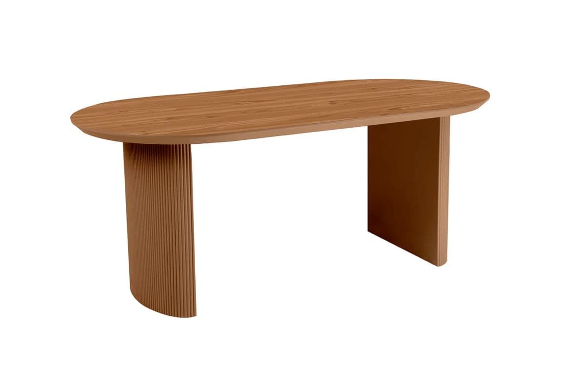 An oval-topped console table with two vertical, fluted pedestals as legs. The table features a smooth, light brown, wood-grained surface with a consistent texture. The pedestals appear to be constructed from a material with a similar color and finish, exhibiting a ribbed texture. — 3D model
