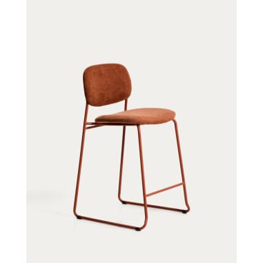 A modern bar stool with a metal frame and upholstered seat and backrest. The stool has a minimalist design with thin, tubular legs and a simple, curved backrest. A footrest is integrated into the frame. — 3D model