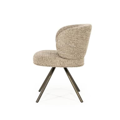 A modern armchair with a curved backrest and a upholstered seat. The chair features a four-legged pedestal base with splayed legs, constructed from metal. The upholstery has a textured woven pattern. The chair appears to be designed for dining or accent seating. — 3D model