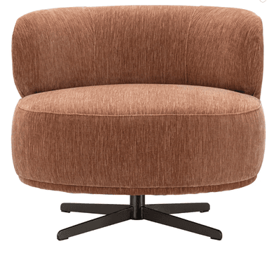 An upholstered barrel-shaped swivel chair featuring a textured rust-colored fabric and a black metal four-star swivel base. The chair has a rounded back with subtle vertical channel tufting and a deep, comfortable seat. — 3D model