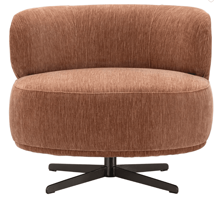 An upholstered barrel-shaped swivel chair featuring a textured rust-colored fabric and a black metal four-star swivel base. The chair has a rounded back with subtle vertical channel tufting and a deep, comfortable seat. — 3D model