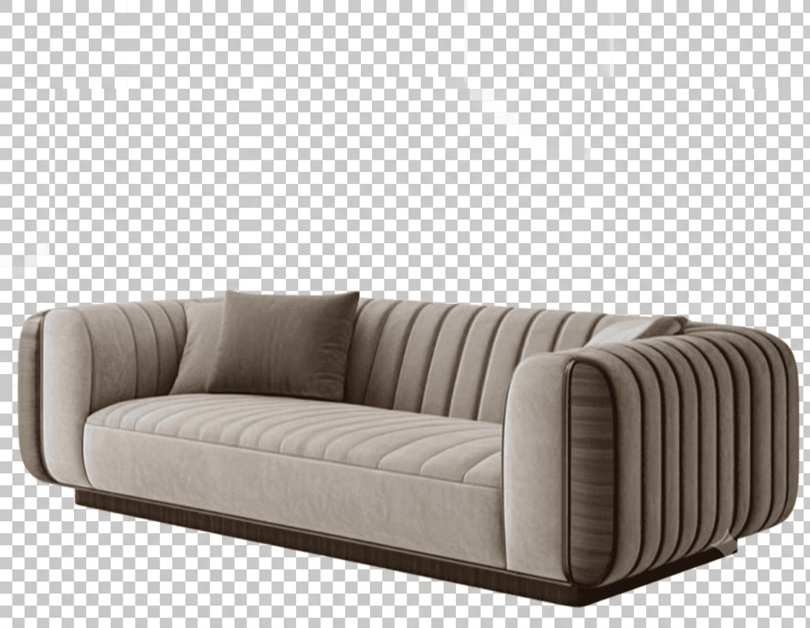 A contemporary three-seater sofa upholstered in beige/greige velvet, featuring channel tufting on the backrest, seat, and arms. The arms are accented with curved dark wood panels, and the sofa rests on a recessed dark wood plinth base. One matching accent pillow is included. — 3D model