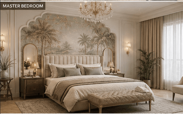 A contemporary upholstered bed featuring a tall, wingback headboard with vertical channel tufting. The bed frame is also upholstered in a matching neutral fabric. The bed is dressed with light-colored bedding and several pillows. A coordinating upholstered bench with a quilted top and slender legs is placed at the foot of the bed. — 3D model