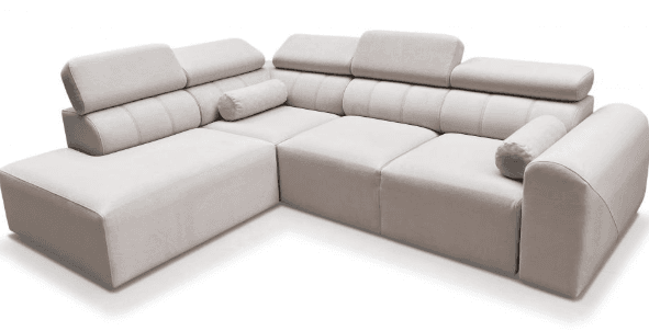 A sectional sofa with a chaise lounge extension. It features multiple modular seating units, adjustable headrests, and small cylindrical accent pillows. The design is contemporary with clean lines and soft upholstery. — 3D model