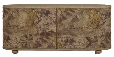 An elongated, low credenza featuring a light wood top, base, and bun feet, with its front facade comprising multiple doors covered in a detailed scenic print resembling Toile de Jouy. The ends of the credenza are gracefully curved, contributing to its unique silhouette. The print depicts pastoral scenes in monochromatic brown tones. — 3D model