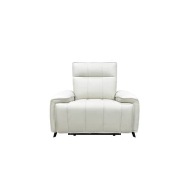 A modern reclining armchair upholstered in white leather, featuring a segmented backrest with an adjustable headrest, sleek track arms, and minimalist black metal legs. The chair is depicted in a slightly reclined position. — 3D model