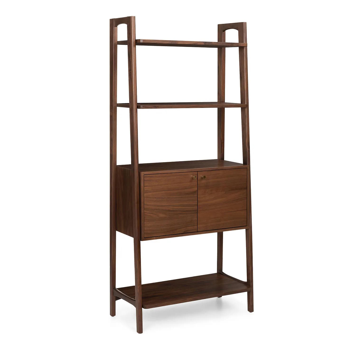 A modern dark wood ladder bookshelf featuring open shelving at the top and an integrated two-door storage cabinet below, with a single open shelf at the very bottom. — 3D model