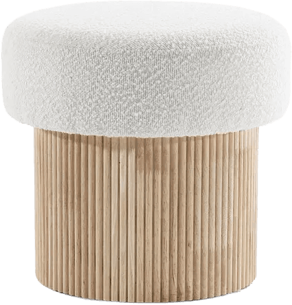 A round ottoman with a plush, textured white fabric top and a cylindrical base constructed from vertical wooden slats. The wooden base features a fluted or reeded design. — 3D model