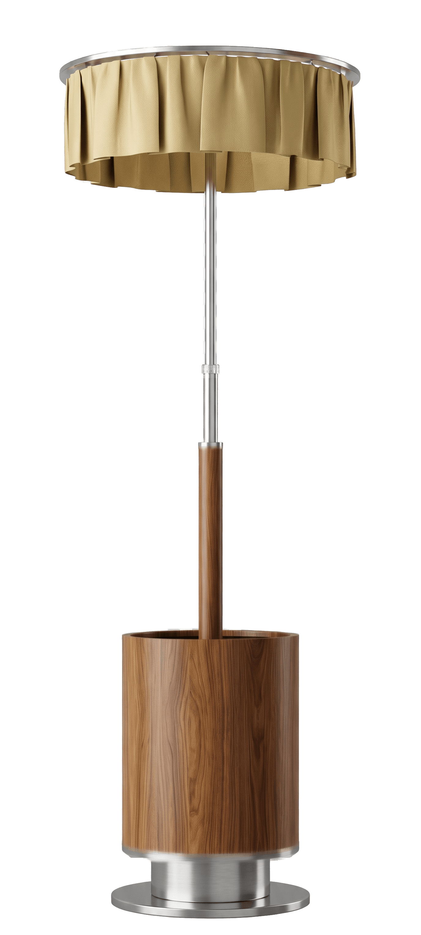 A modern floor lamp featuring a cylindrical base crafted from wood veneer, a slender polished chrome or stainless steel stem, and a distinctive pleated fabric shade. The shade is a light beige or tan color, suspended from a circular metal ring. The wood grain on the base is prominent, and the overall design suggests a contemporary aesthetic. — 3D model