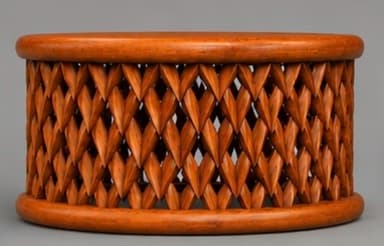 A small, cylindrical wooden table featuring a unique, intricately carved side panel. The top and bottom rims are smooth and rounded, providing a polished frame for the main body. The central section is composed of numerous interlocking, heart-shaped or pointed leaf-like wooden pieces, arranged in an open-work lattice pattern. The wood exhibits a warm, medium brown tone with visible grain, suggesting a natural finish. The design creates visual texture and allows light to pass through, contributing to its decorative appeal. — 3D model
