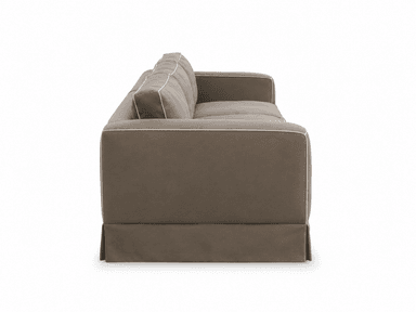 A three-seater sofa upholstered in a neutral taupe fabric, featuring three seat cushions, three back cushions, and wide square arms. The sofa includes a pleated skirted base and light-colored piping detail along all cushion and arm edges. — 3D model