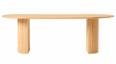 A contemporary light-toned wood table featuring an elongated oval or racetrack-shaped top supported by two substantial semi-cylindrical pedestal bases with vertical fluting. — 3D model