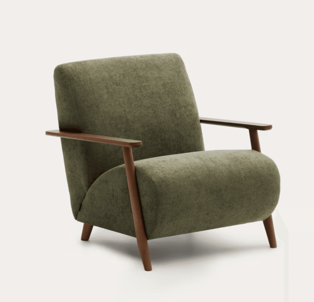 A single armchair with a upholstered seat, backrest, and armrests. The frame and legs are constructed from wood, and the upholstery has a textured finish. — 3D model