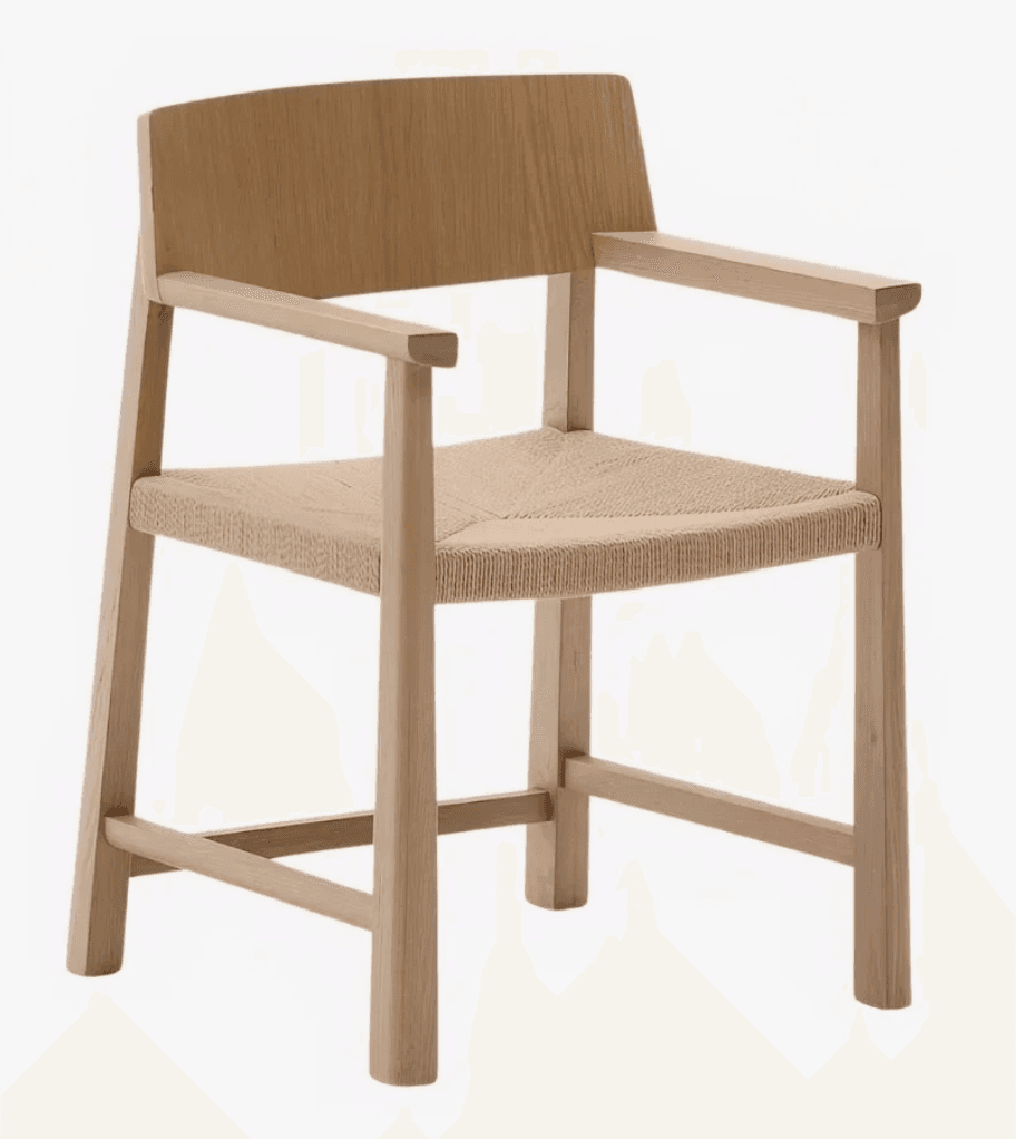 A contemporary armchair featuring a light-toned solid wood frame, likely oak, with a distinctive woven seat. The chair has a gently curved wooden backrest and straight, rectangular armrests that integrate smoothly into the frame. The seat is crafted from tightly woven natural fiber cord, forming a grid pattern. The chair's design is minimalist, characterized by clean lines and visible wood grain, with sturdy legs connected by stretchers for stability. — 3D model