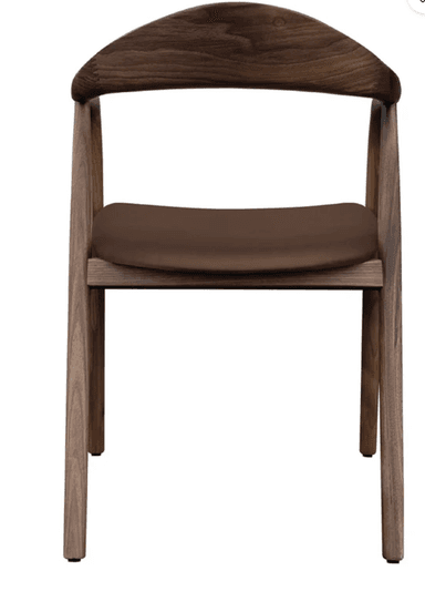 A modern armchair featuring a dark brown wooden frame with a curved backrest and integrated armrests, complemented by a padded dark brown upholstered seat. — 3D model