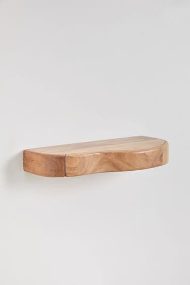 A semi-circular wall shelf constructed from solid wood. The front edge features a live-edge, natural contour, while the sides appear to be joined with clean cuts. The wood grain is visible, displaying variations in color and pattern. — 3D model