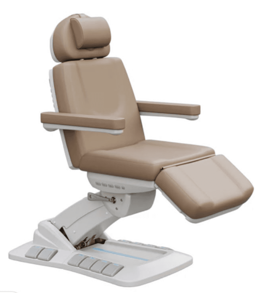 An electric medical examination chair featuring beige upholstered padding on the seat, backrest, headrest, and adjustable leg rest. The chair has white and grey mechanical components forming a robust, adjustable base with integrated controls on a wide foot platform. Armrests are also padded in beige. — 3D model