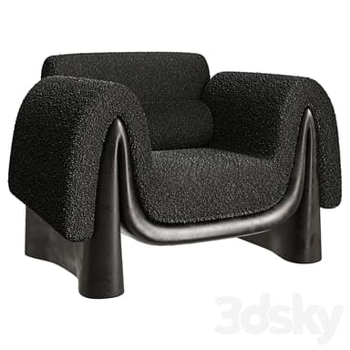 A contemporary sculptural lounge chair featuring a bulky, rounded form upholstered in a black textured boucle fabric, supported by a distinctive dark, curved, molded base. — 3D model