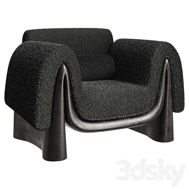 A contemporary sculptural lounge chair featuring a bulky, rounded form upholstered in a black textured boucle fabric, supported by a distinctive dark, curved, molded base. — 3D model
