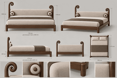 A modern platform bed featuring a dark wood frame and an upholstered headboard with distinctive scrolled wooden posts. The bed includes a mattress with beige bedding and a dark brown bed runner, accompanied by two rectangular pillows and two bolster pillows integrated into the headboard design. — 3D model