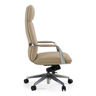 An executive high-back office chair upholstered in beige leather with polished metal accents. It features a padded headrest, ergonomic armrests, and a five-star base with casters for mobility. The chair includes a swivel mechanism and appears to have height adjustment capabilities. — 3D model
