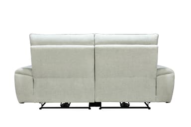A rear view of a two-seat reclining loveseat, upholstered in a light gray textured fabric, with visible black metal reclining mechanisms at the base. The backrests are individual and cushioned. — 3D model