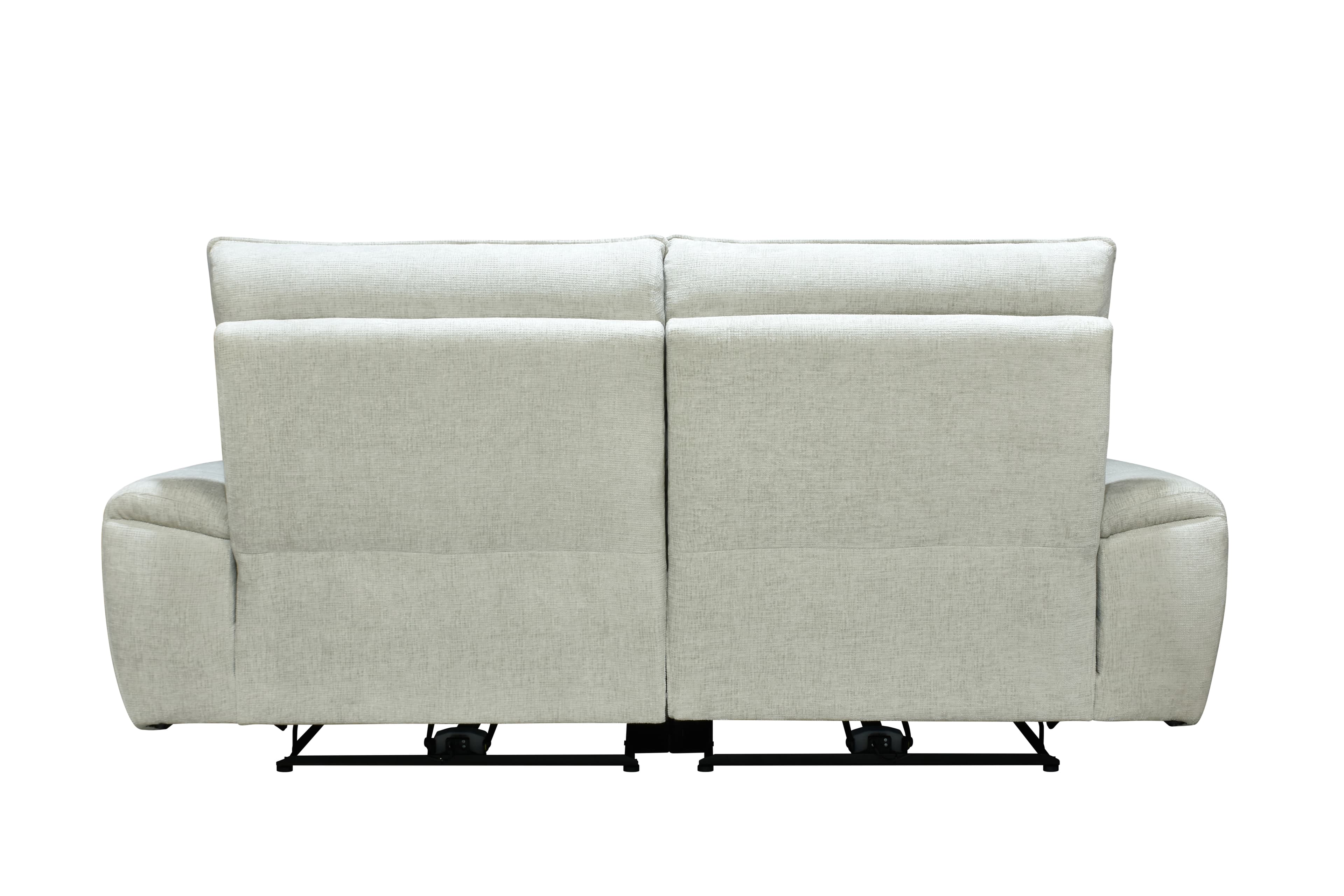 A rear view of a two-seat reclining loveseat, upholstered in a light gray textured fabric, with visible black metal reclining mechanisms at the base. The backrests are individual and cushioned. — 3D model