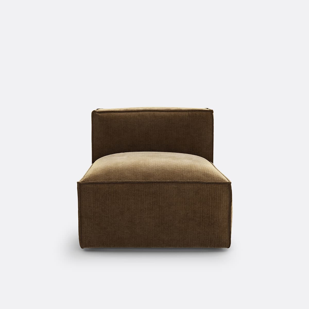 A single-seat armchair with a low profile and upholstered in a brown, corduroy-like fabric. It features a square seat and a straight, upright backrest. The design is minimalist and contemporary, with clean lines and soft cushioning. — 3D model