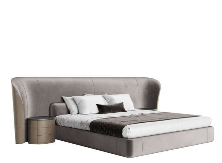 A luxurious, modern upholstered platform bed featuring a wide, curving headboard that extends around the sides, partially integrating a round, three-drawer nightstand. The bed frame is also fully upholstered in a light grey/greige fabric. — 3D model