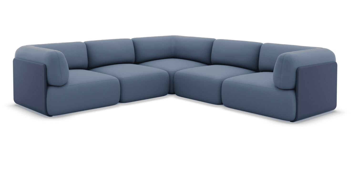 A modern modular L-shaped sectional sofa, upholstered in a two-tone blue fabric. The main seating components and backrests are a lighter blue, while the outer panels of the armrests are a darker, contrasting blue. The design features soft, rounded edges on all components, suggesting a comfortable and inviting aesthetic. The sofa is composed of multiple individual modules, including corner pieces and armrest pieces, allowing for flexible configuration. — 3D model