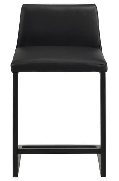 A contemporary black bar stool featuring a sleek, armless design. It consists of a padded seat and a slightly tapered backrest, both upholstered in black material, likely faux leather or PU. The stool is supported by a square-profile black metal frame, which includes an integrated footrest for comfort. The overall aesthetic is minimalist and modern. — 3D model