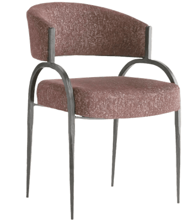 An upholstered armchair featuring a dark, possibly wrought iron, frame and a reddish-brown textured fabric. The backrest is curved and integrated with the armrests, which are formed by continuous metal tubing. The legs are slender and tapered. The seat cushion is separate from the frame but matches the back and armrest upholstery. — 3D model