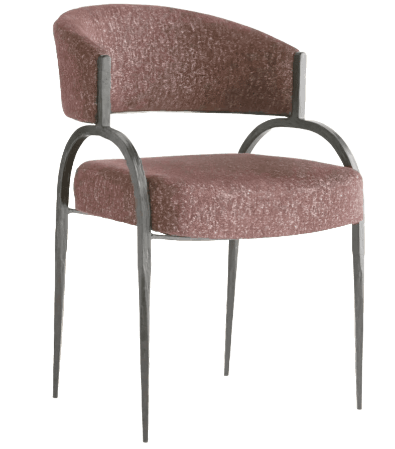 An upholstered armchair featuring a dark, possibly wrought iron, frame and a reddish-brown textured fabric. The backrest is curved and integrated with the armrests, which are formed by continuous metal tubing. The legs are slender and tapered. The seat cushion is separate from the frame but matches the back and armrest upholstery. — 3D model