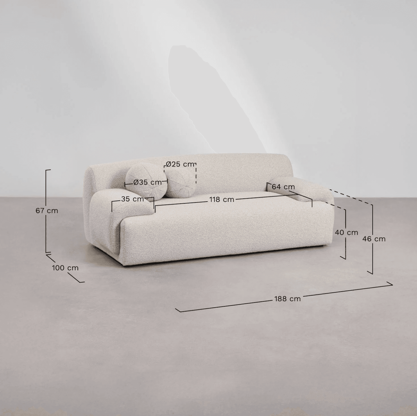 A modern, low-profile, two-seater sofa with rounded edges and a textured boucle upholstery. It features integrated armrests that flow into the seat and back. Two round throw pillows are included, one larger and one smaller. The sofa is presented with various dimensions indicated, including overall width (188 cm), seat width (118 cm), height (67 cm), depth (100 cm), armrest height (40 cm), and pillow diameters (35 cm and 25 cm). — 3D model