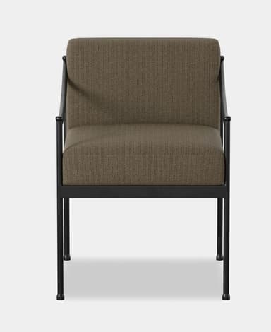 A modern chair featuring a minimalist black metal frame and textured brown fabric upholstery. The image shows the back of the chair, highlighting a rectangular padded backrest and slender cylindrical legs. — 3D model