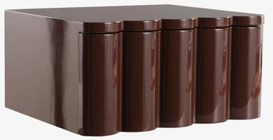 A brown cabinet with a high-gloss finish. The front features a scalloped design with vertical, rounded panels. The top surface is flat and extends slightly beyond the main body. — 3D model