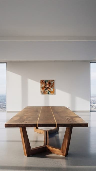 A rectangular coffee table featuring a dark walnut wood top with two integrated parallel brass inlays, supported by a distinctive angular and geometric walnut wood base. — 3D model