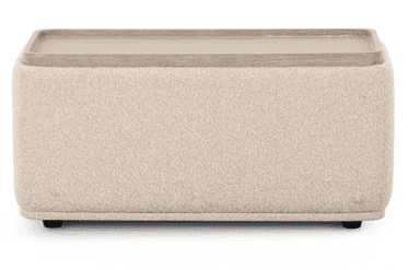 A rectangular upholstered ottoman featuring gently rounded corners and a soft, textured fabric top and frame. The sides are adorned with recessed panels showcasing a light-colored wood grain finish, creating a contrast in texture and material. — 3D model