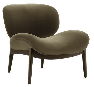 A contemporary armchair with a distinctive organic shape, featuring a high, enveloping backrest and a curved, molded seat and armrest. The chair is supported by a wooden base with four splayed legs. — 3D model