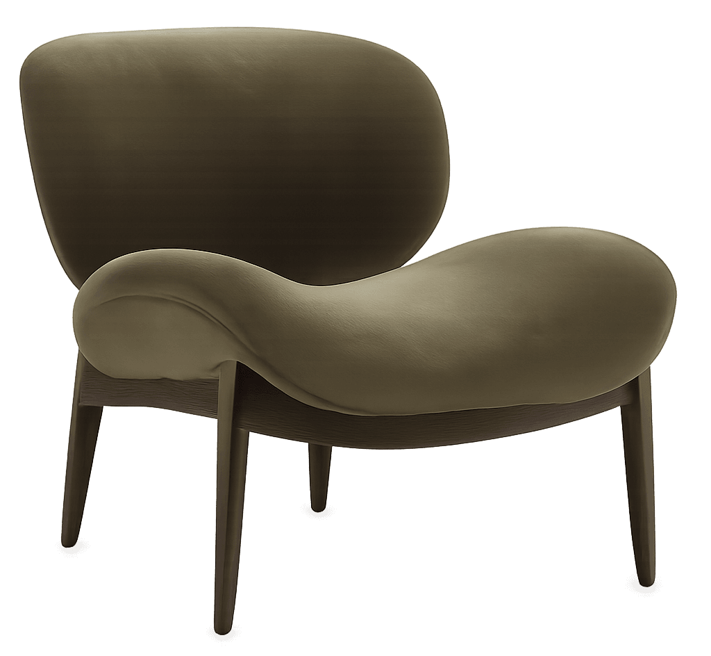 A contemporary armchair with a distinctive organic shape, featuring a high, enveloping backrest and a curved, molded seat and armrest. The chair is supported by a wooden base with four splayed legs. — 3D model