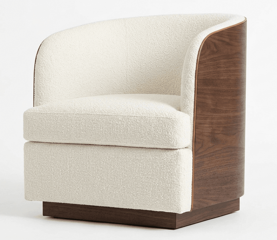 A modern barrel-shaped accent chair featuring cream-colored boucle upholstery and a curved exterior shell of dark walnut veneer, resting on a solid platform base. — 3D model