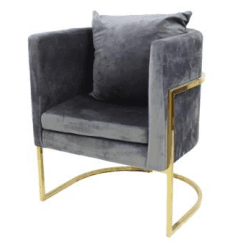 A modern barrel-style armchair upholstered in grey velvet, featuring a sleek gold-finished metal sled base and a removable seat cushion. — 3D model